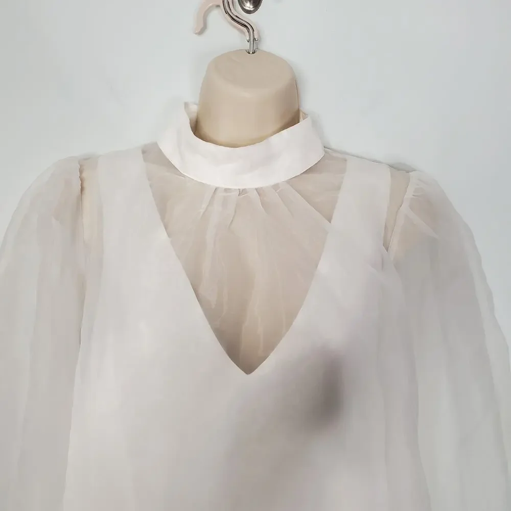 Mare Mare Long Sleeve Organza Overlay Mini Dress White High Neck Size Small - Picture 8 of 14